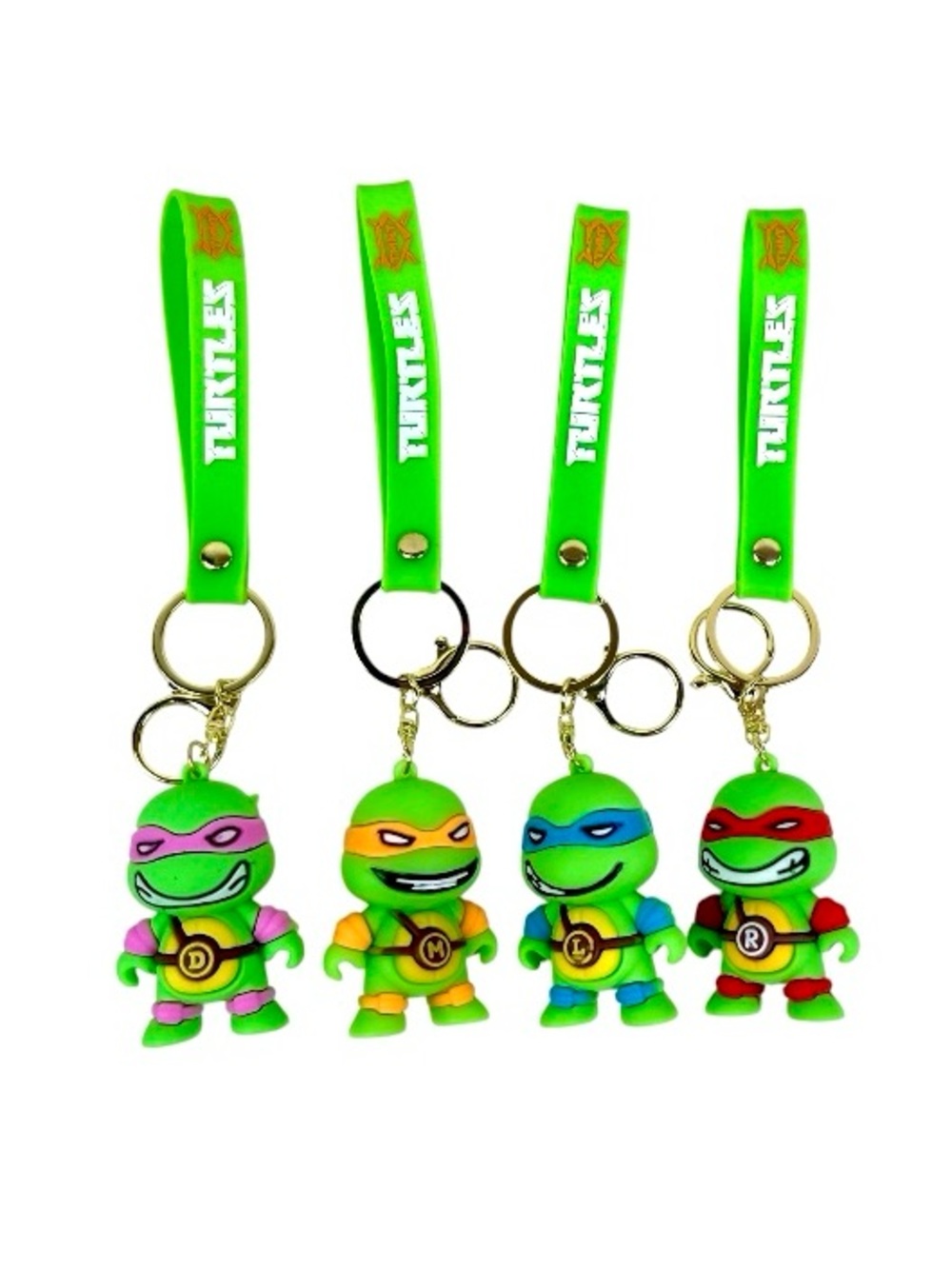 Green Turtle Character Keychain Set with Colored Masks - 4 Pack